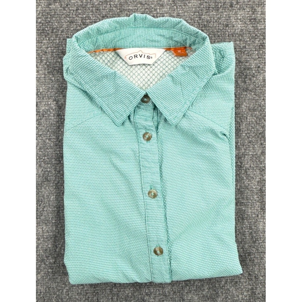 Orvis Mens Medium Green Micro Gingham Short Sleeve Mesh Lined Hiking Shirt